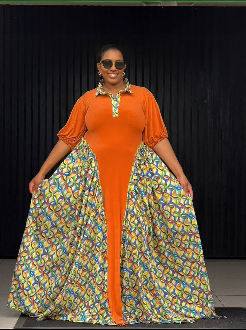 Orange polo maxi dress with geometric printed side panels, 3/4 sleeves