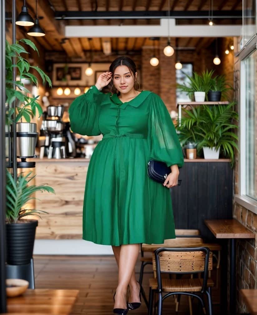 Green midi dress with puff sleeves and gathered waist, flared skirt