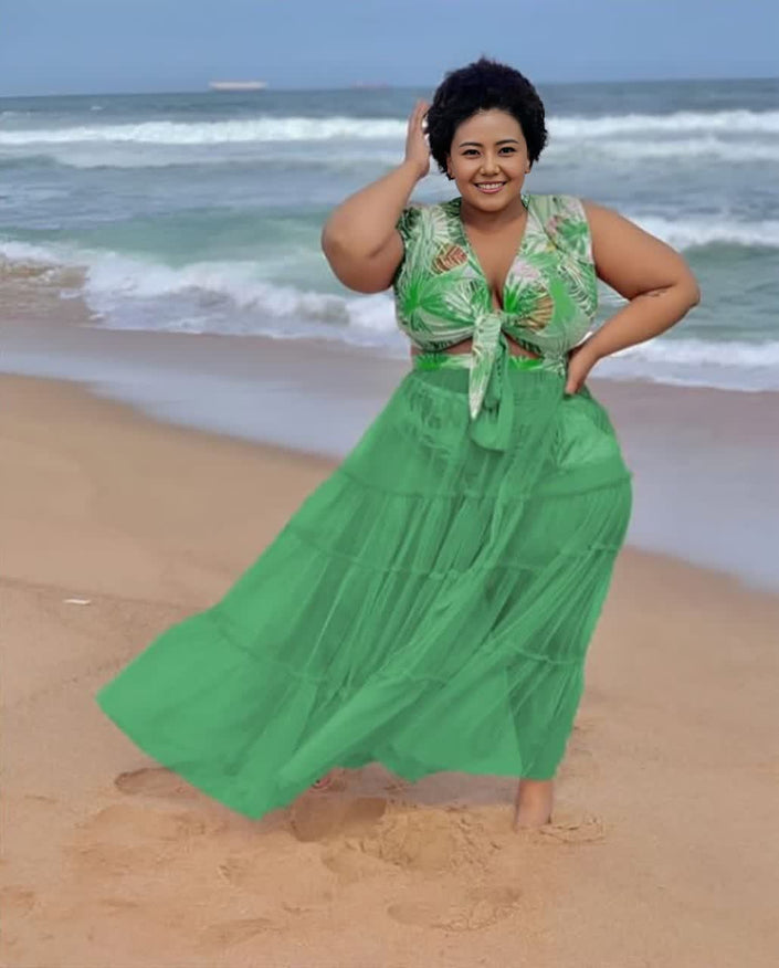 Tropical leaf swim maxi dress set, green tie-front with tiered flowy maxi skirt