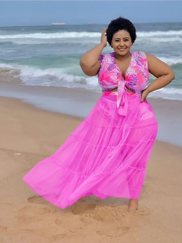 Tropical leaf swim maxi dress set, deep pink tie-front with tiered skirt