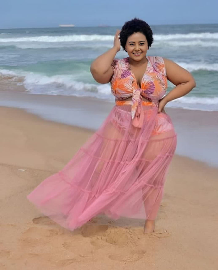 Tropical leaf swim maxi dress set, pink-and-orange tie-front tiered maxi skirt