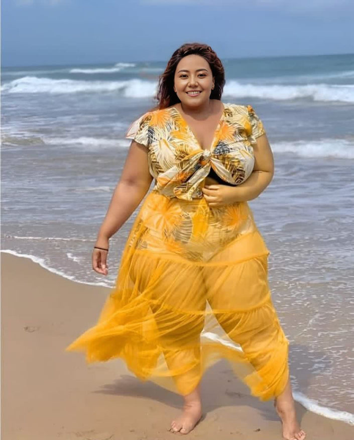 Tropical leaf swim maxi dress set, yellow wrap-style tie-front tiered skirt