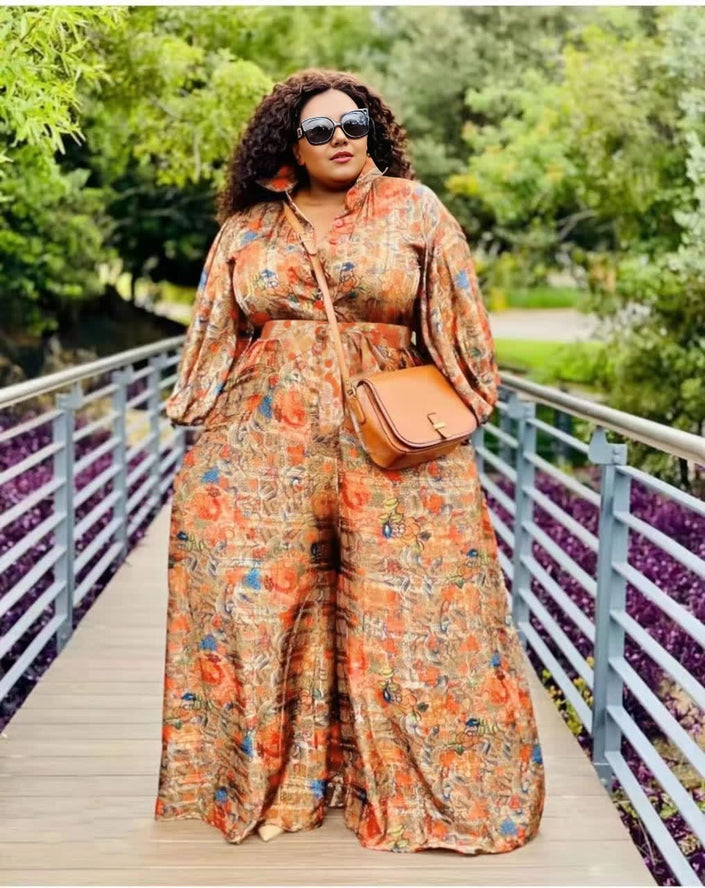 Plus size maxi dress, orange floral button-front with long sleeves and waist tie
