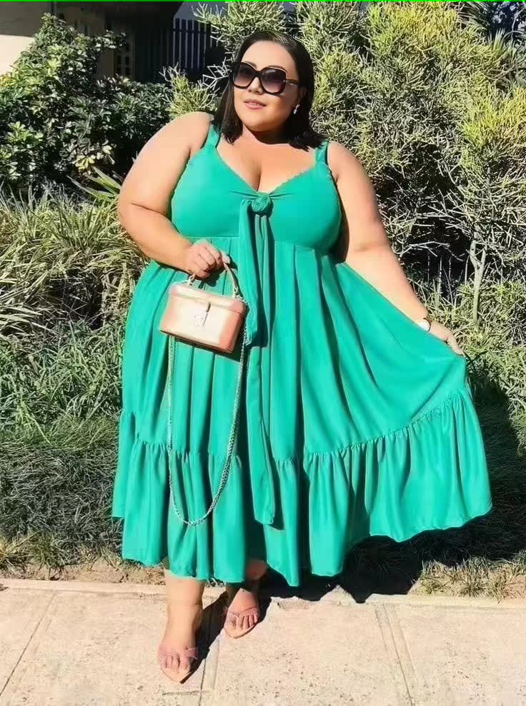 Plus-size ruffle-hem dress in aquamarine, tie-front bodice, tiered skirt