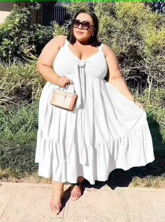 Plus-size ruffle-hem dress in white, tie-front bodice and tiered skirt
