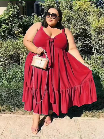 Plus-size ruffle-hem dress in red, tie-front bodice, tiered skirt