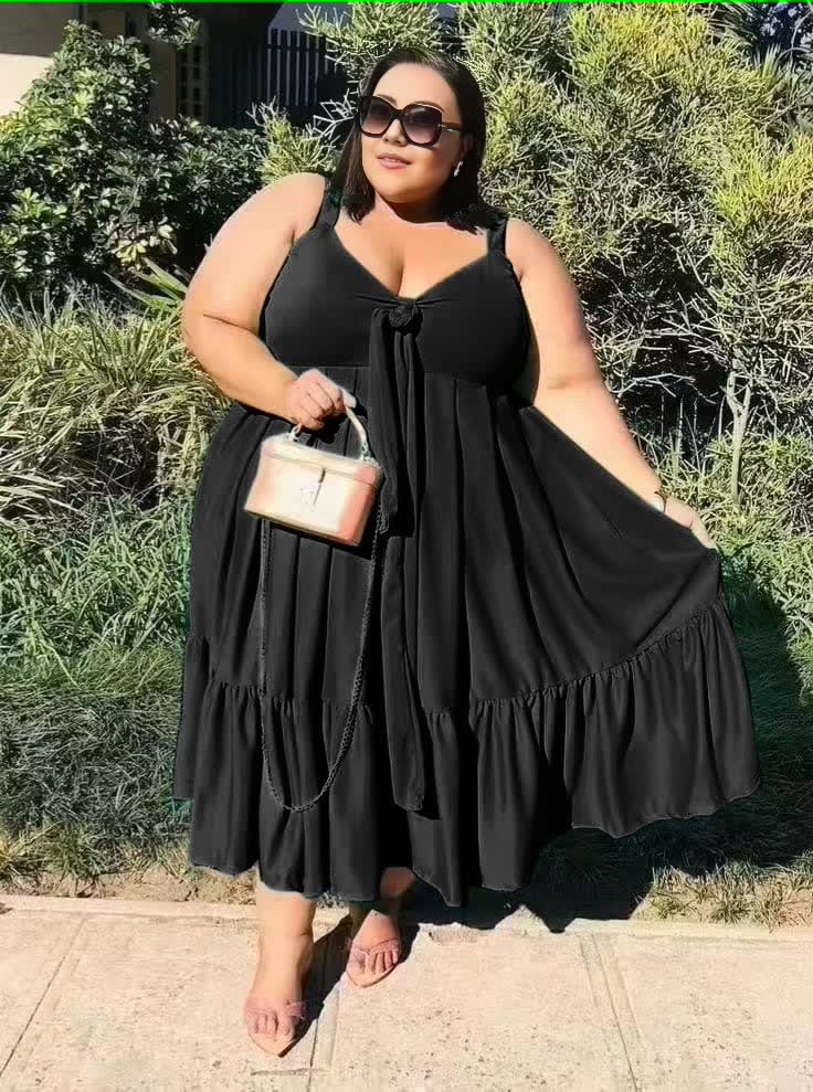 Plus-size ruffle-hem dress in black, tie-front bodice and tiered skirt