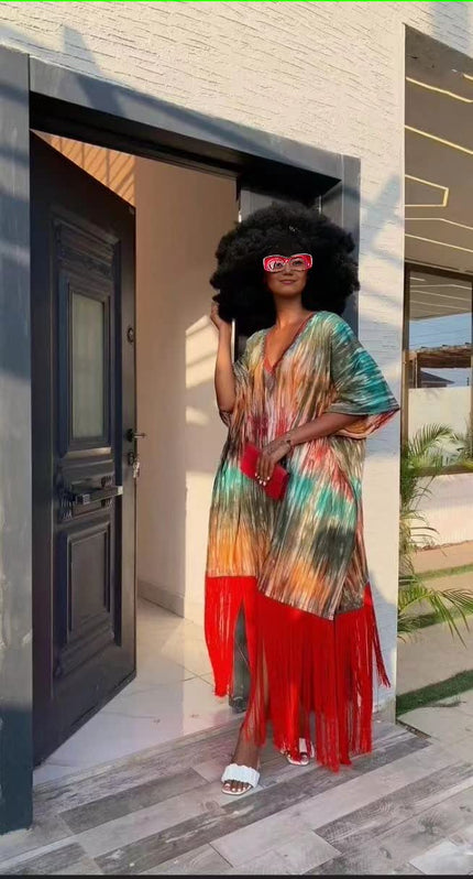 Abstract Print Fringe Hem V-Neck Dress