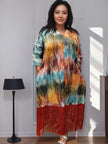 Multicolor abstract V-neck midi dress with short sleeves and fringe hem
