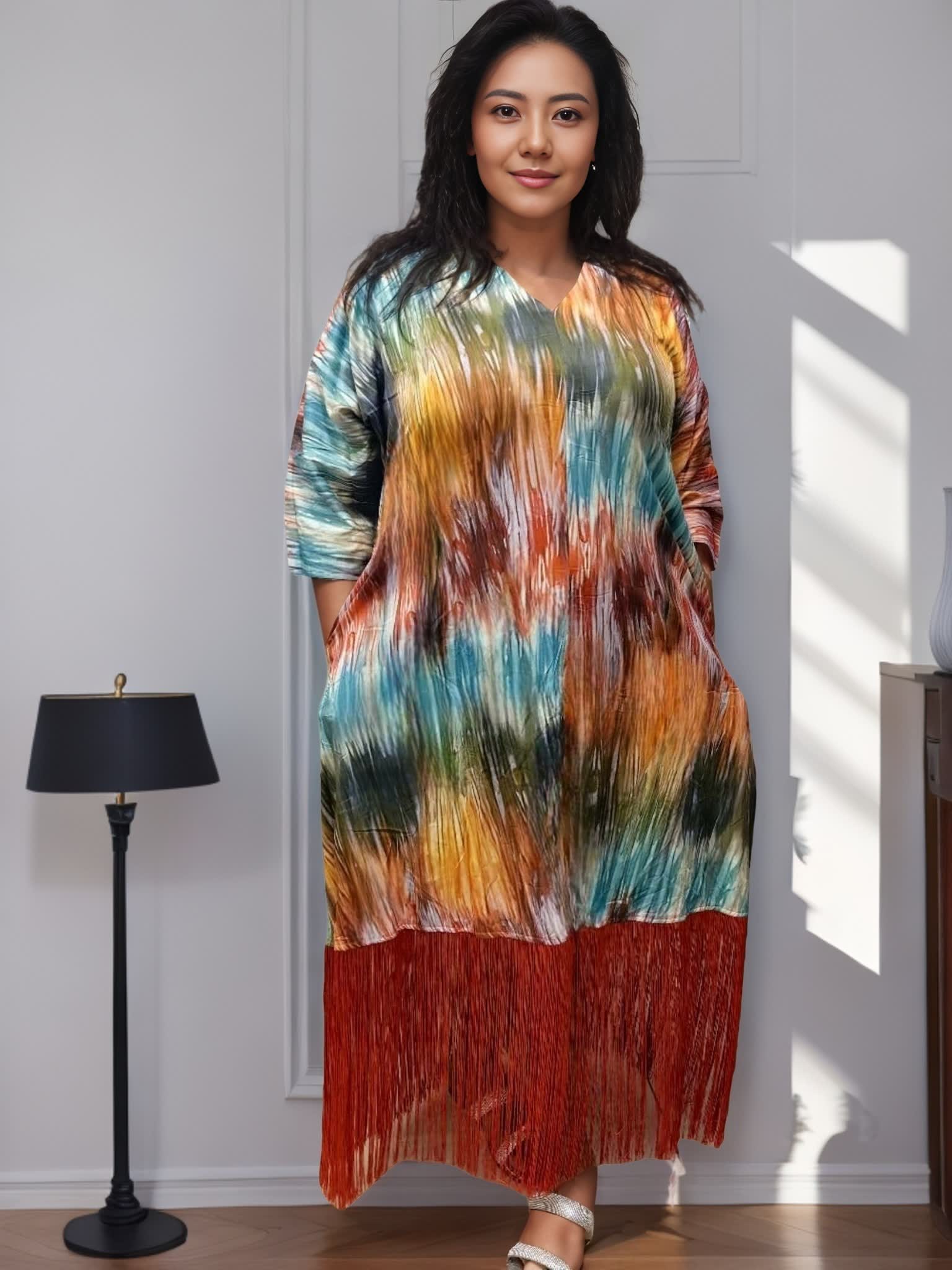 Multicolor abstract V-neck midi dress with short sleeves and fringe hem