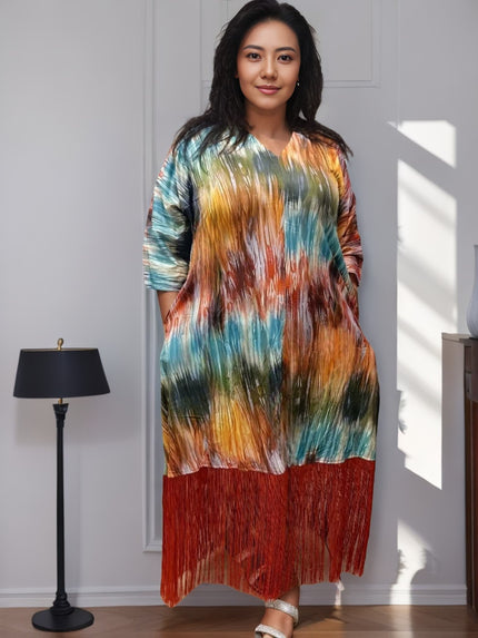 Multicolor abstract V-neck midi dress with short sleeves and fringe hem