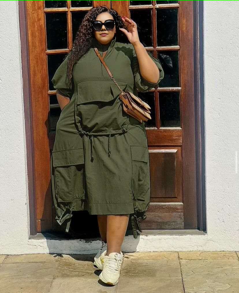 Plus-size midi dress in dark olive green with drawstring waist, loose fit, short sleeves, pockets