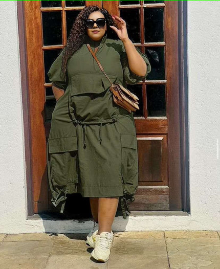 Plus-size midi dress in dark olive green with drawstring waist, loose fit, short sleeves, pockets