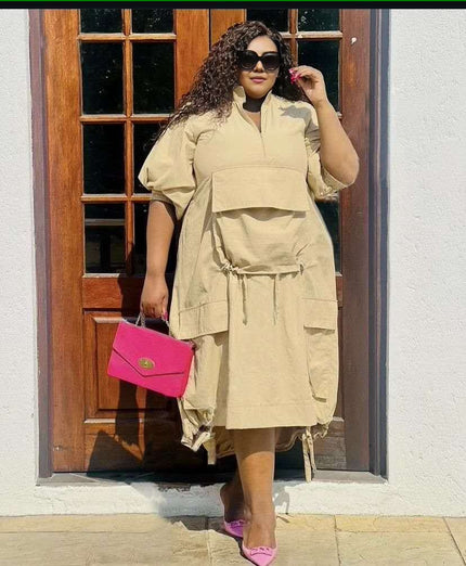 Plus-size midi dress in beige with drawstring waist, loose fit, short sleeves, pockets