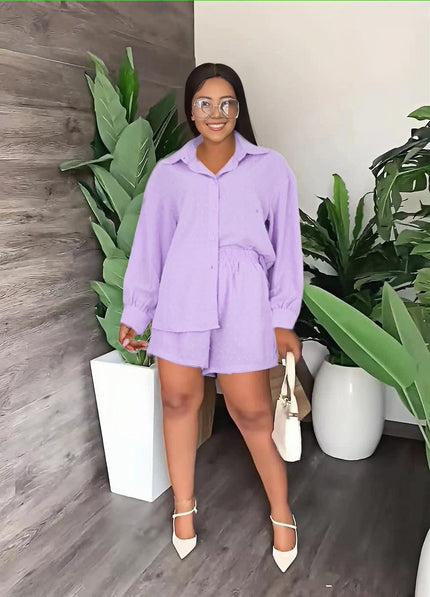 Light purple button-front peplum top and matching shorts set