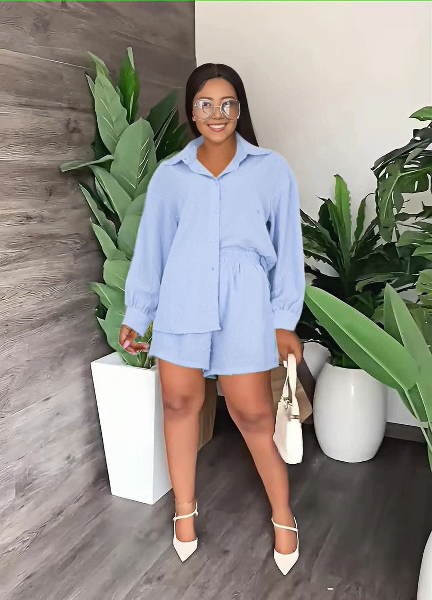 Sky blue button-front peplum top with matching shorts set