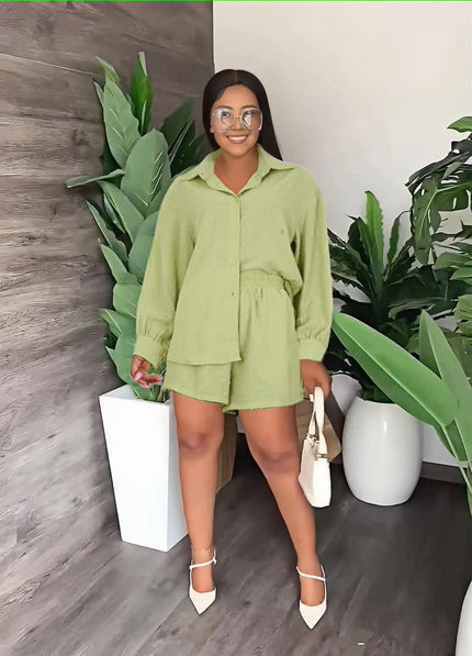 Sage green button-front peplum top and matching shorts set