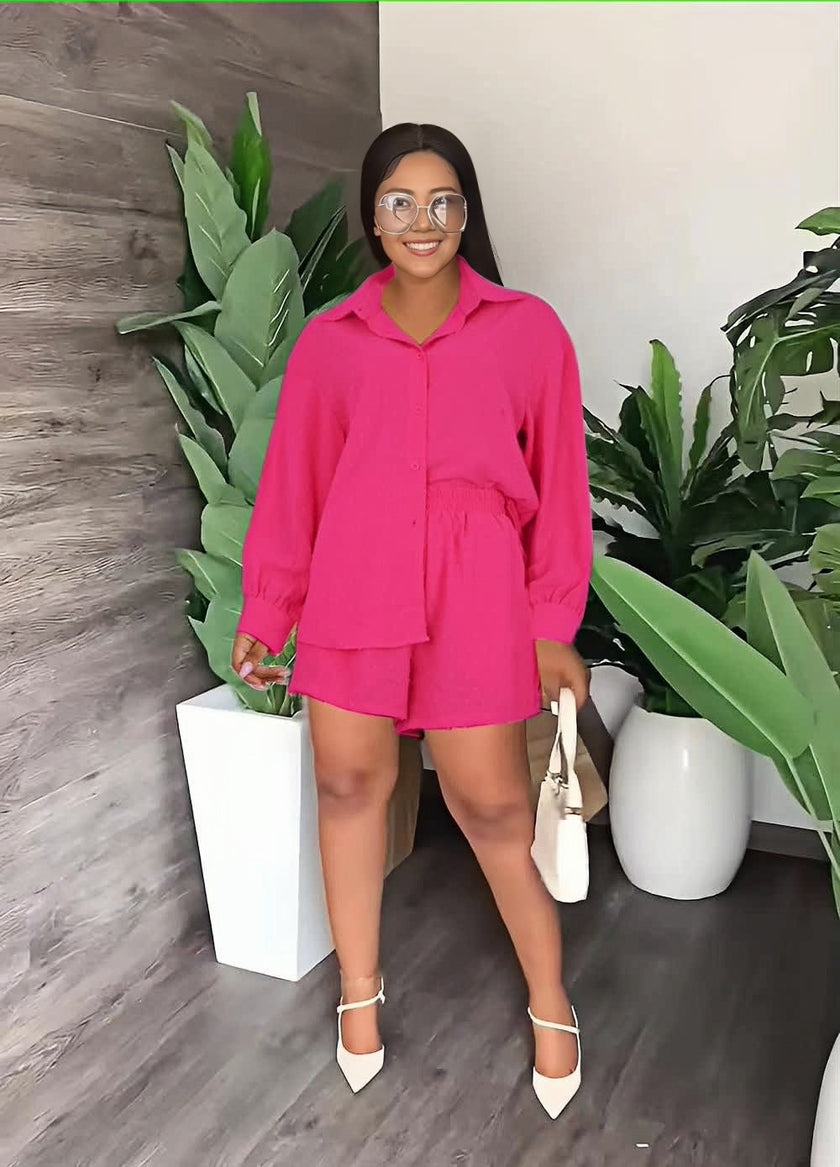 Deep pink button-front peplum top and matching shorts set