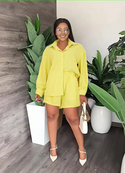 Light yellow button-front peplum top and matching shorts set