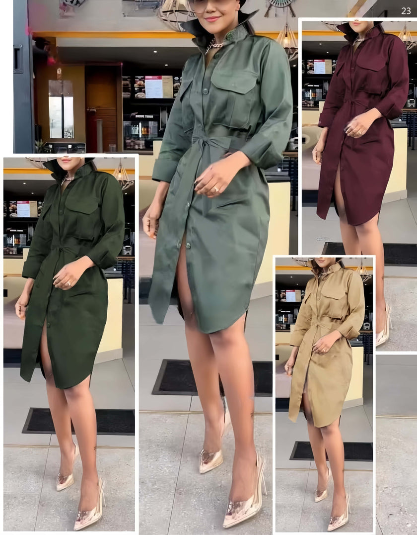 Belted shirt dress, dark olive-green, knee length, button front and front pockets.