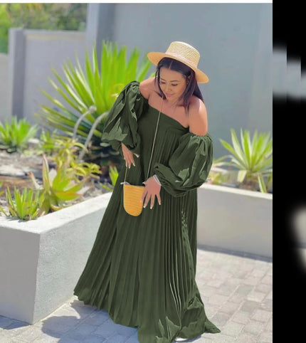 Dark green off-shoulder maxi dress with pleated skirt and puff sleeves