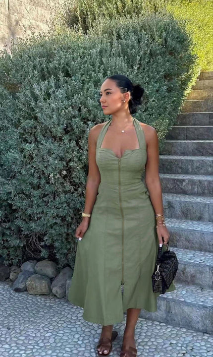 Olive green halter midi dress, front zip, adjustable straps