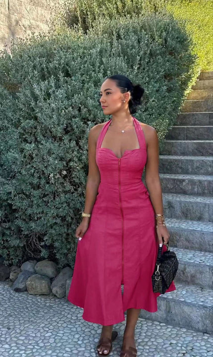 Pink halter midi dress with front zip and adjustable straps