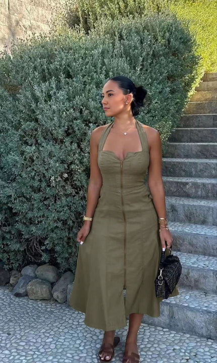 Olive halter midi dress with zipper front and adjustable straps