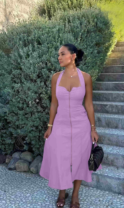Purple halter midi dress with front zip and adjustable straps