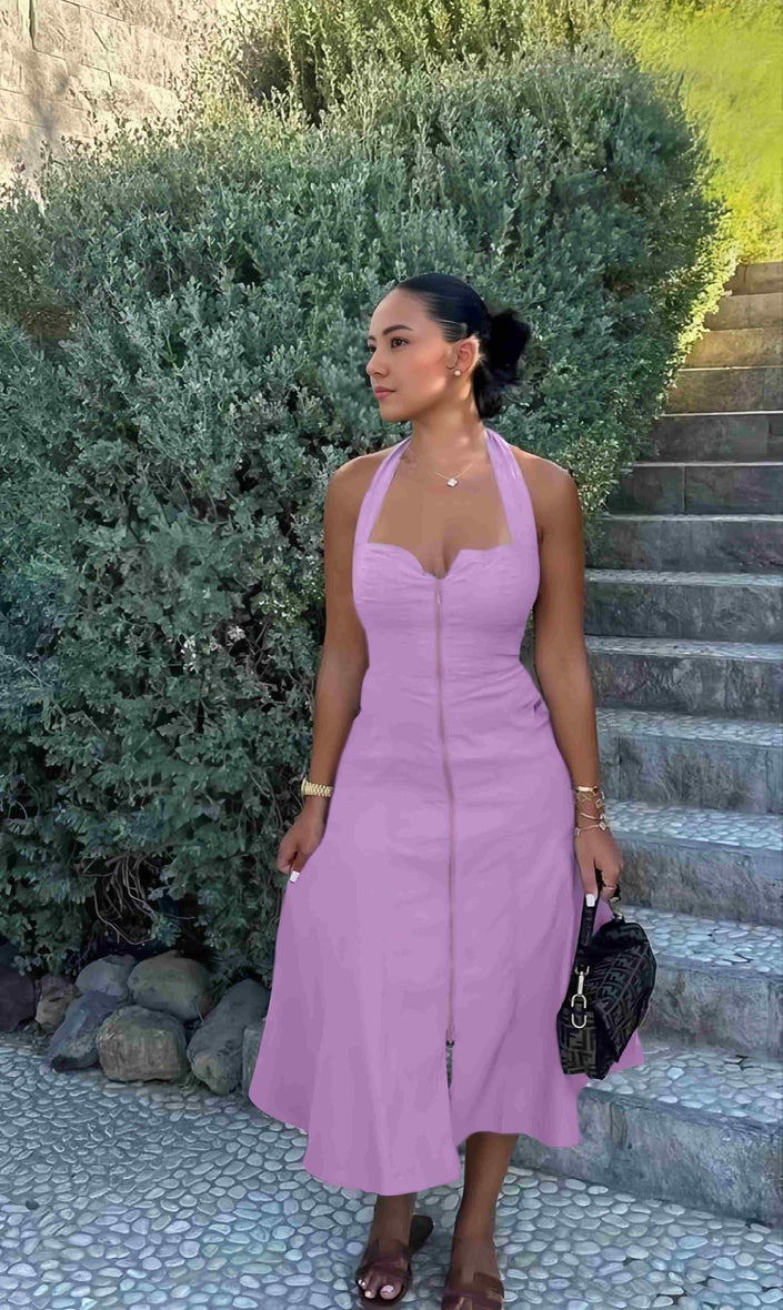 Purple halter midi dress with front zip and adjustable straps
