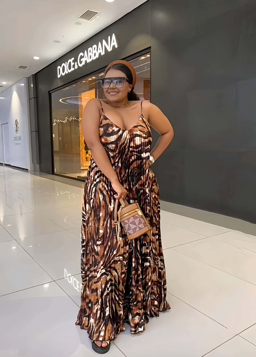 A-line maxi dress, spaghetti straps, tiered pleats, brown/black abstract print