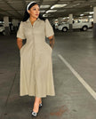 Khaki midi shirt dress with puff sleeves, button front, and waist detailing