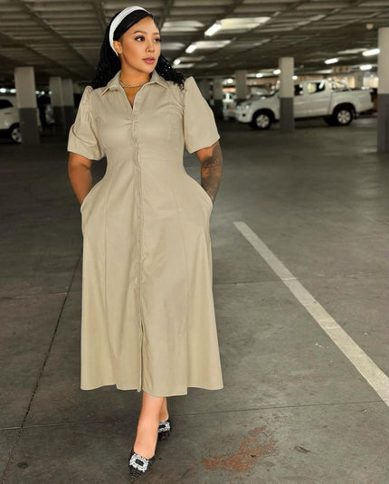 Khaki midi shirt dress with V-neck, puff sleeves, button front, waist detail