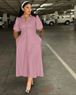 Mauve midi shirt dress with puff sleeves, button front, and waist detailing