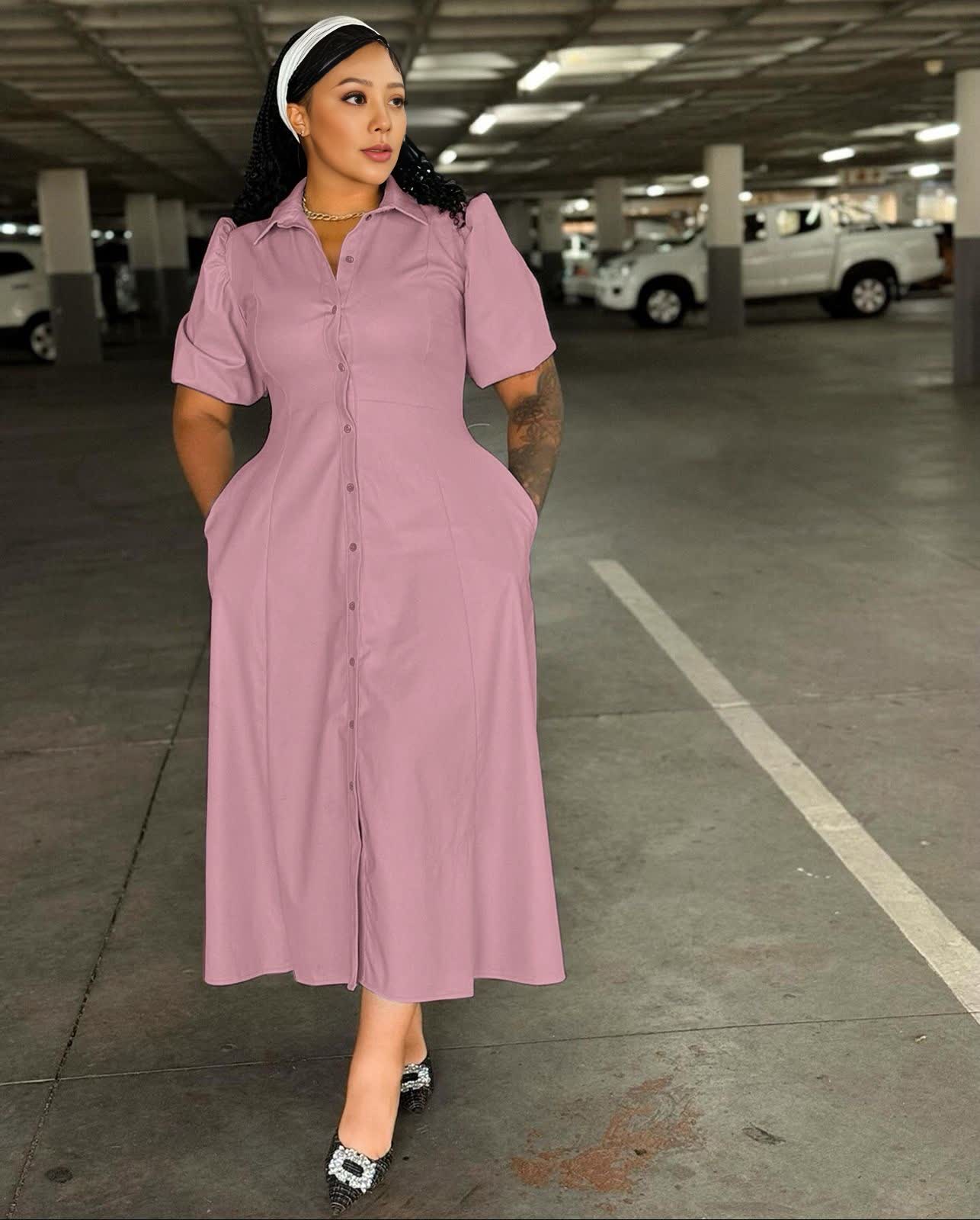 Mauve midi shirt dress with puff sleeves, button front, and waist detailing