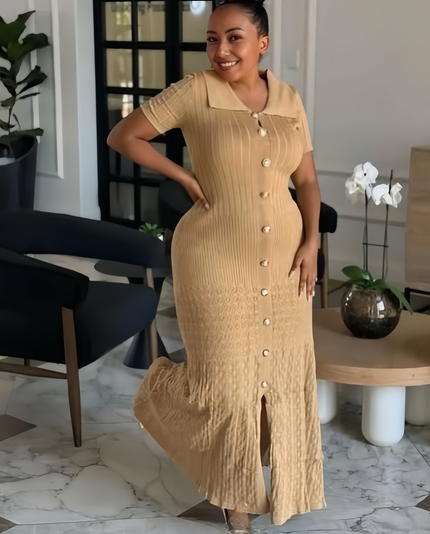Tan knit midi dress with short sleeves, button front, and side slit detail.