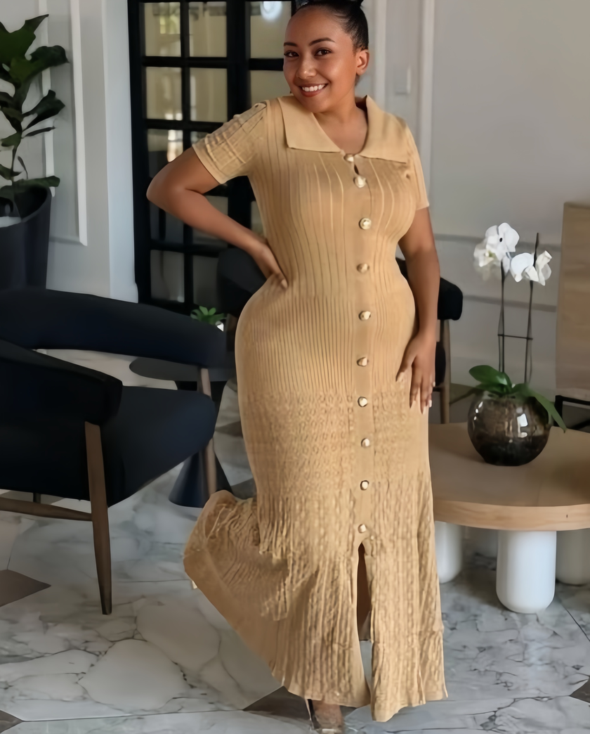 Tan knit midi dress with short sleeves, button front, and side slit detail.