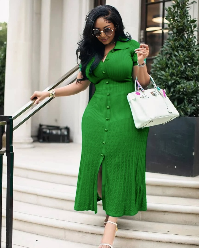 Lime-green belted knit midi dress with short sleeves, button front, and side slit.
