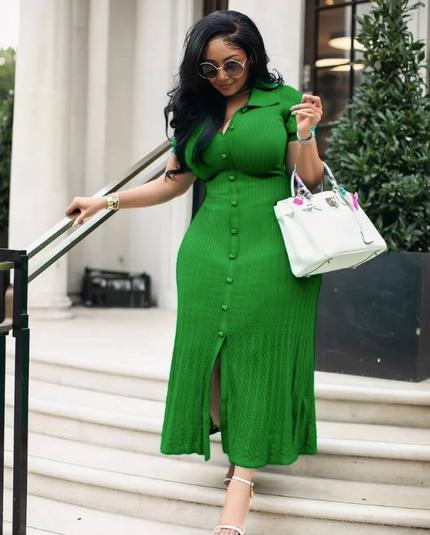 Lime-green belted knit midi dress with short sleeves, button front, and side slit.