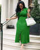 Lime-green belted knit midi dress with short sleeves, button front, and side slit.