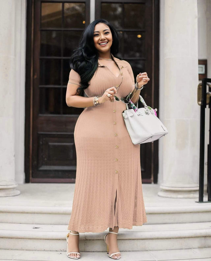 Nude V-neck knit maxi dress with button front and side slit