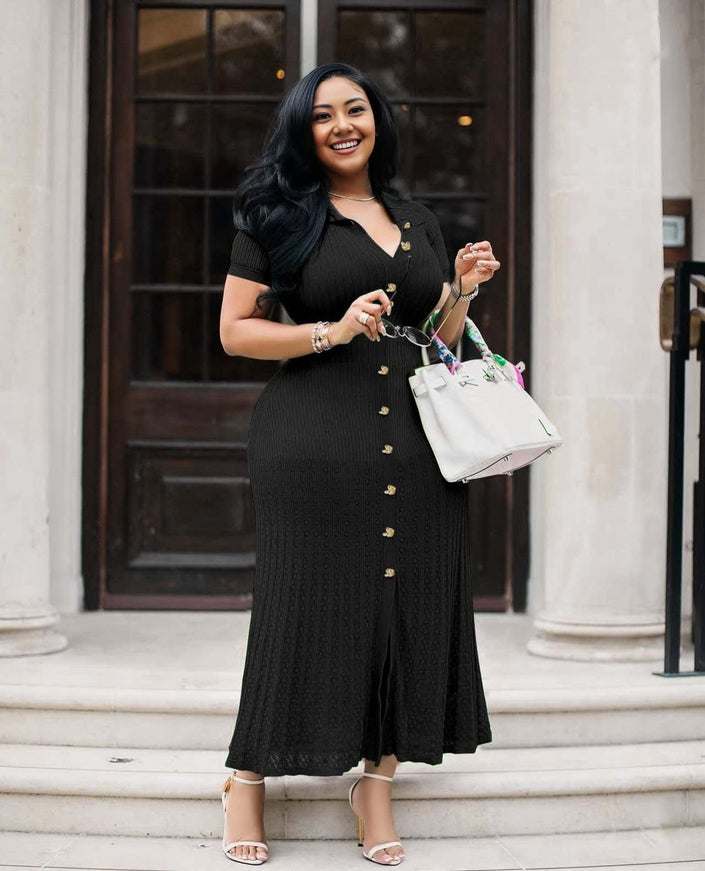 Black V-neck knit maxi dress with button front and side slit