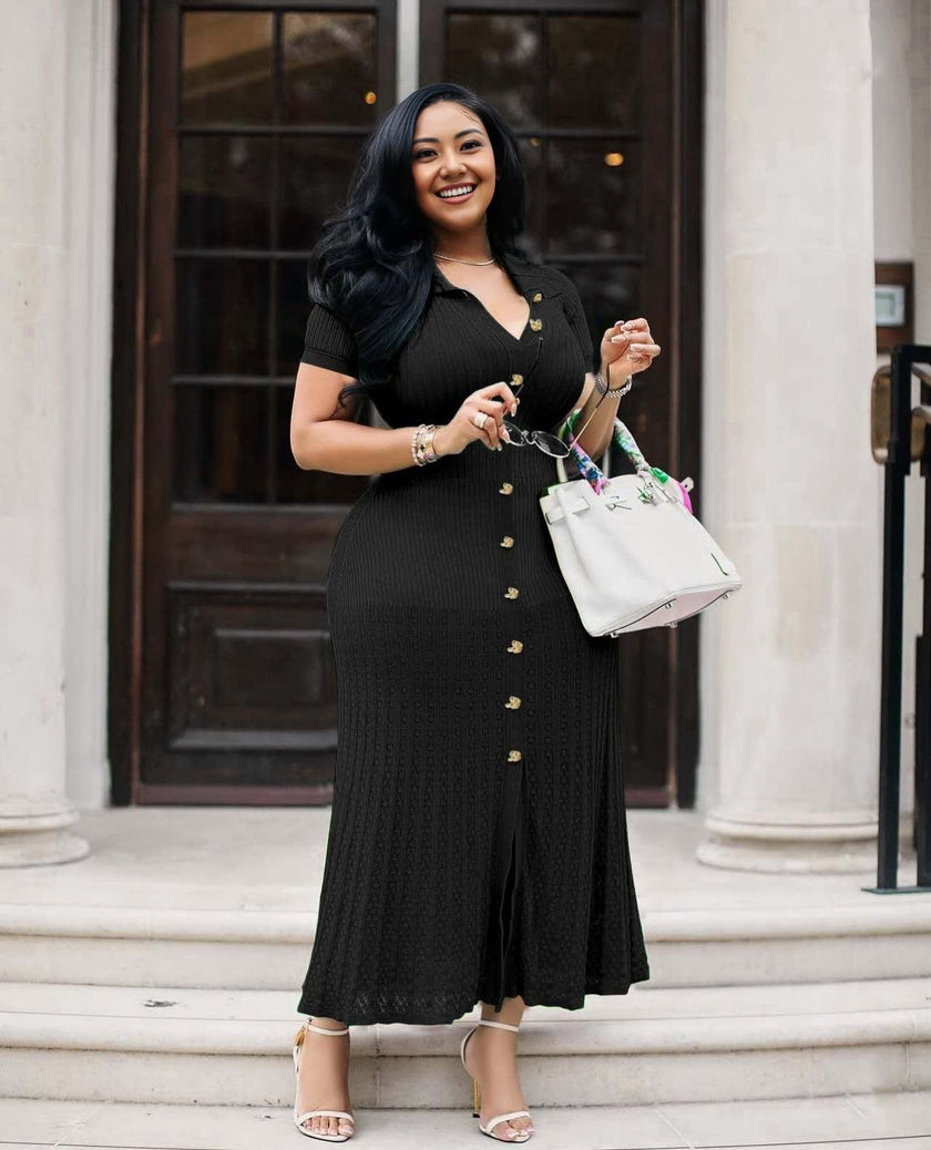 V-Neck Buttoned Slit Maxi Knitted Dress