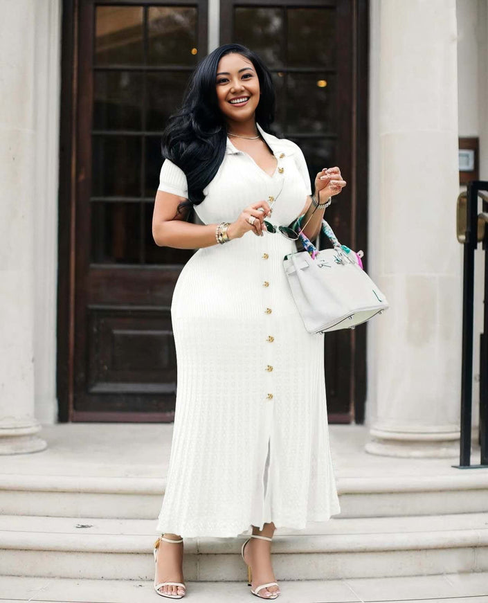 White V-neck knit maxi dress with button front and side slit