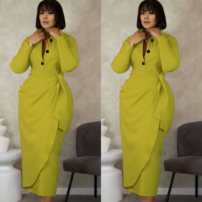 Elegant Long Sleeve Dress with Button Detail and Bow Accent