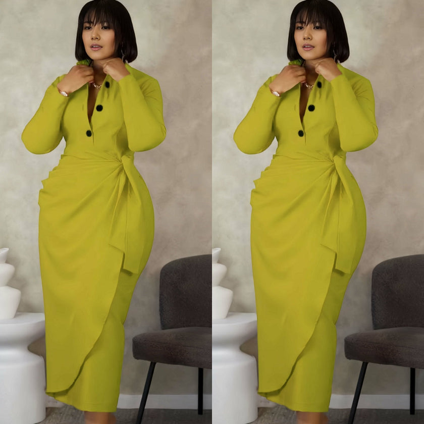 Green midi dress with front twist and dark button placket, long sleeves