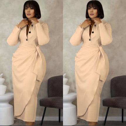Nude midi dress with front twist and dark button placket, long sleeves