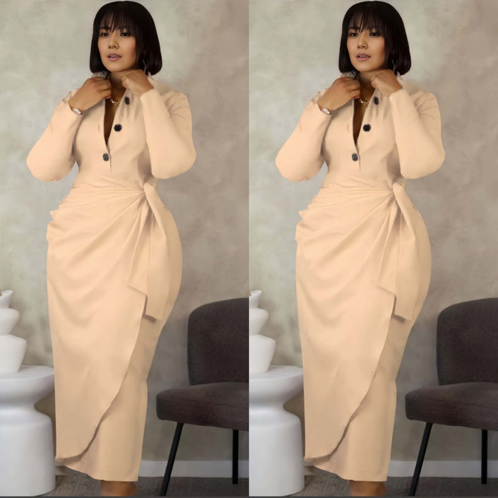 Nude midi dress with front twist and dark button placket, long sleeves
