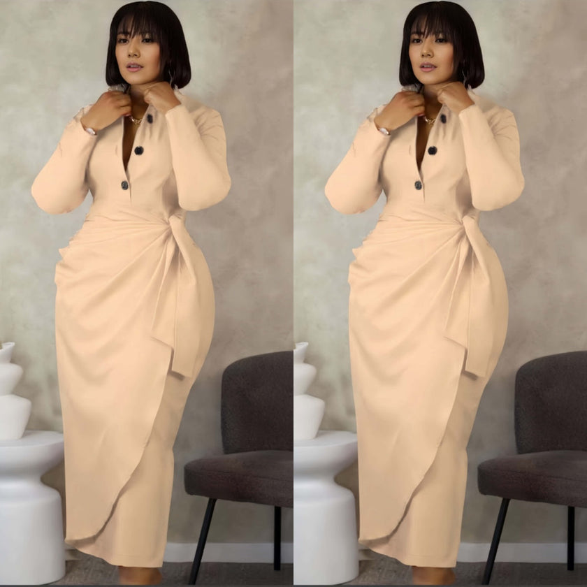 Nude midi dress with front twist and dark button placket, long sleeves