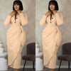 Nude midi dress with front twist and dark button placket, long sleeves